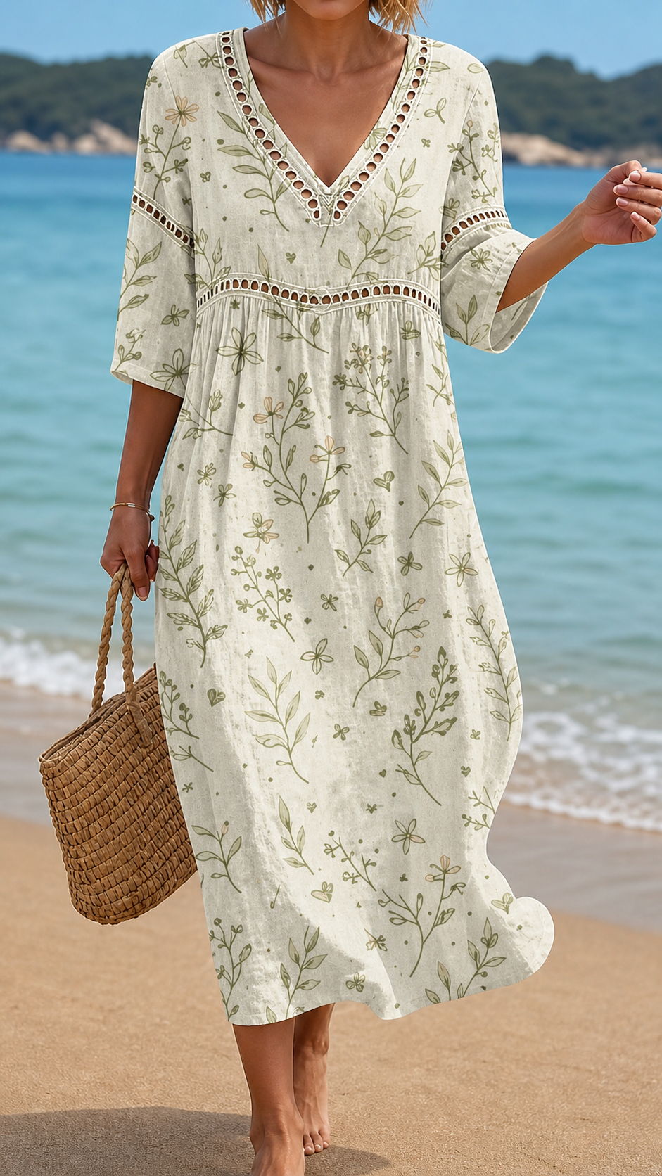 Vestido de Playa Efecto Lino con Motivo Botánico