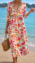 Vestido Midi de Verano Suave con Estampado Floral Vivo