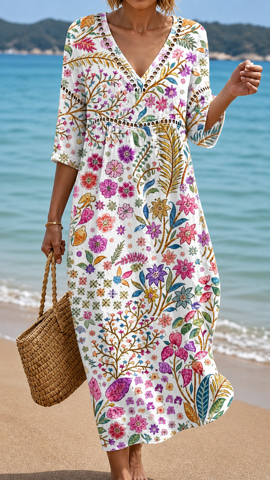 Vestido Midi Suave con Elegante Fantasía Floral Multicolor