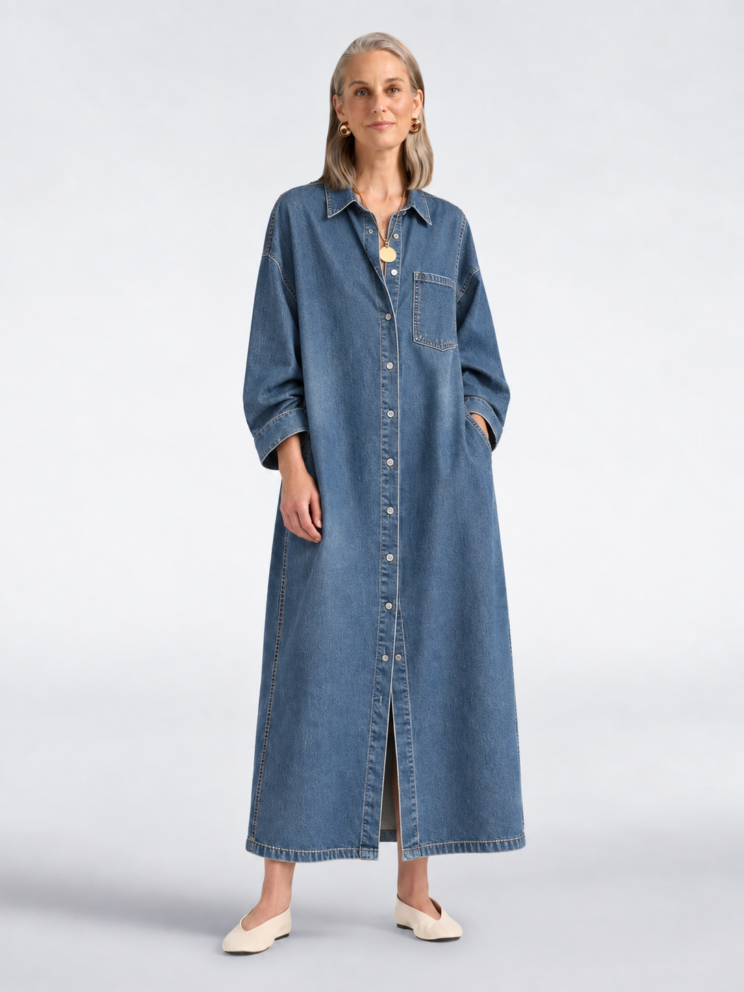 Single-Breasted Loose-Fit Long-Sleeve Shirt Dress JOSEI