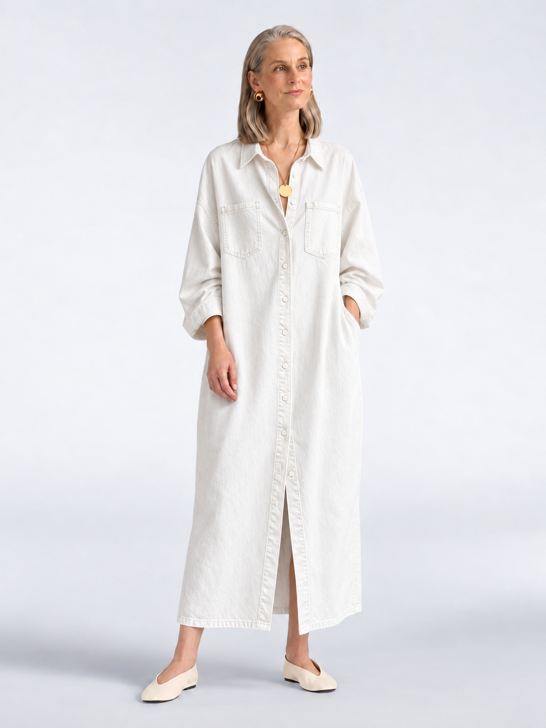 Single-Breasted Loose-Fit Long-Sleeve Shirt Dress JOSEI