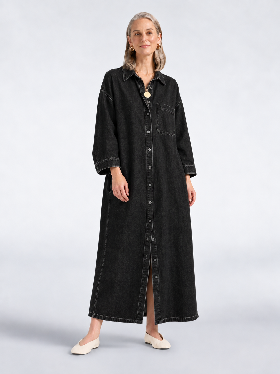 Single-Breasted Loose-Fit Long-Sleeve Shirt Dress JOSEI