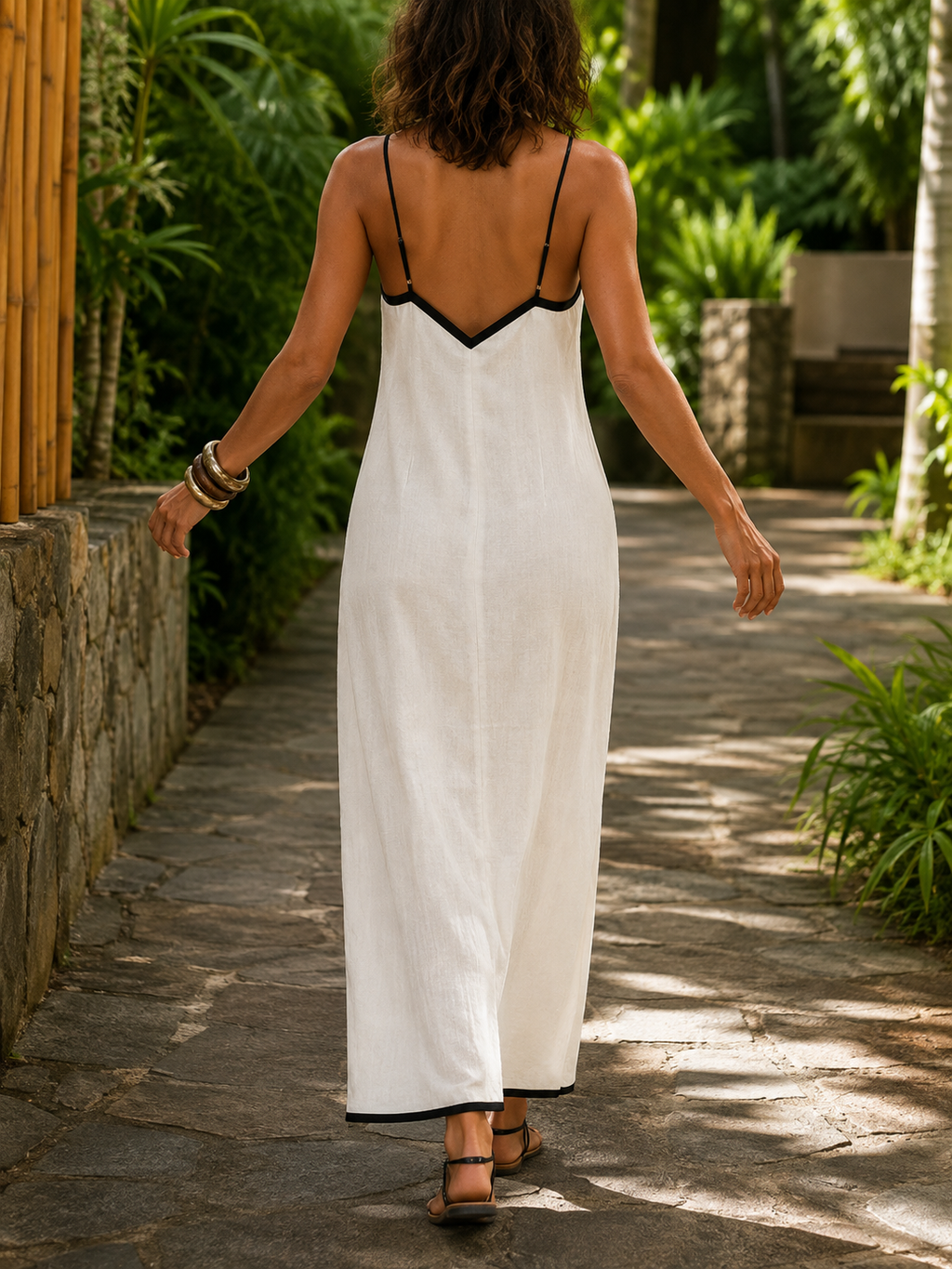 Simona | Robe longue en lin style nuisette avec finitions contrastées à motif chevrons LAVORADA