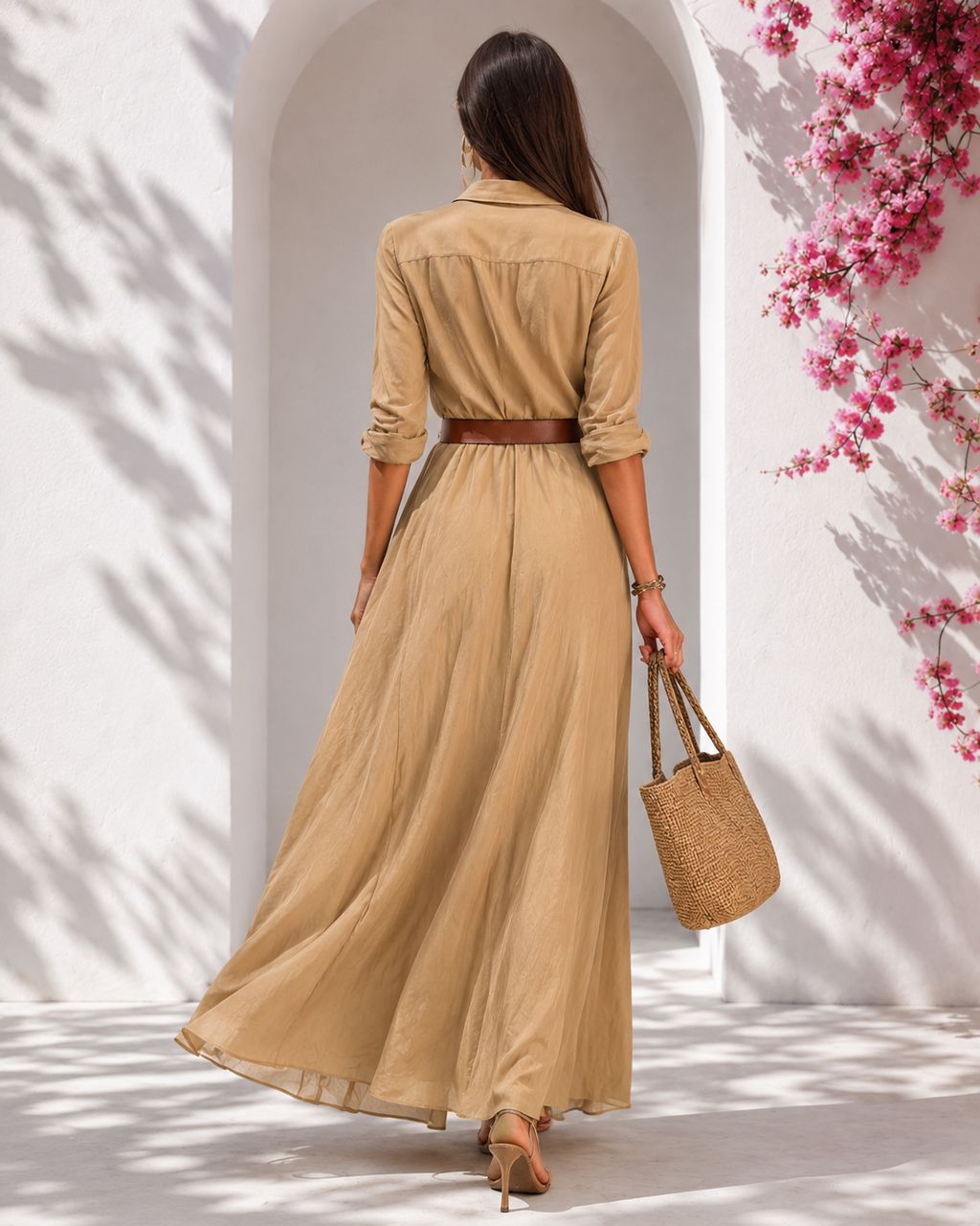 Élodie – Robe longue ceinturée à col chemise