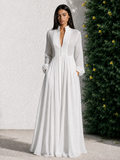 Éléonore | Robe longue minimaliste en coton et lin avec patchwork, col montant et manches longues