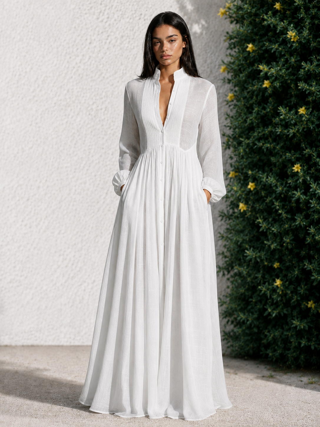 Éléonore | Robe longue minimaliste en coton et lin avec patchwork, col montant et manches longues