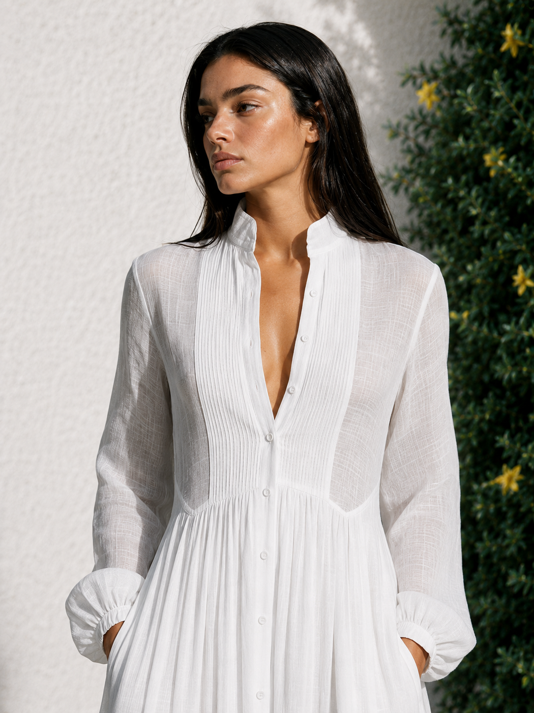 Éléonore | Robe longue minimaliste en coton et lin avec patchwork, col montant et manches longues