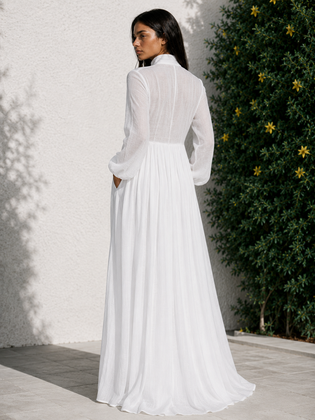 Éléonore | Robe longue minimaliste en coton et lin avec patchwork, col montant et manches longues