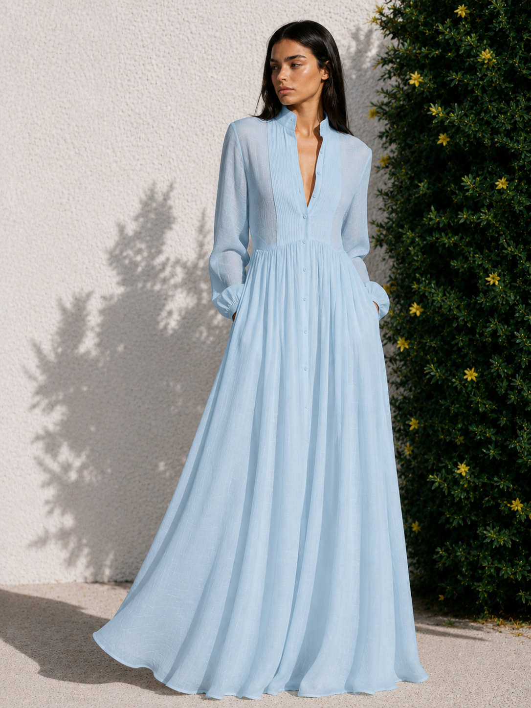 Éléonore | Robe longue minimaliste en coton et lin avec patchwork, col montant et manches longues