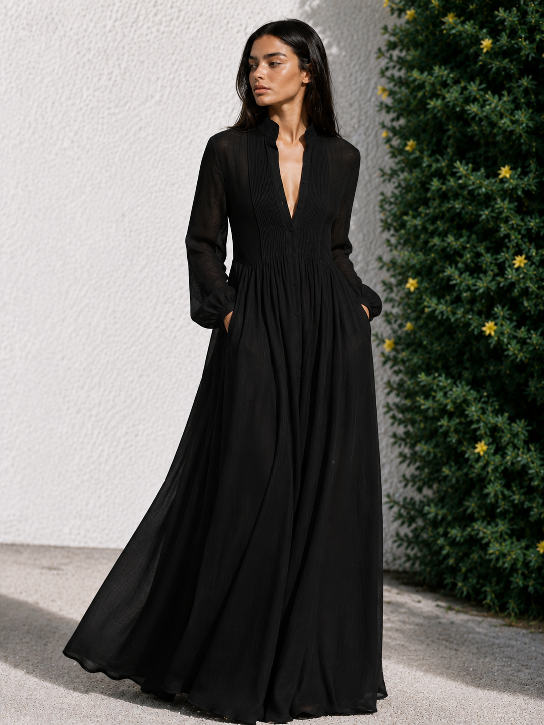 Éléonore | Robe longue minimaliste en coton et lin avec patchwork, col montant et manches longues