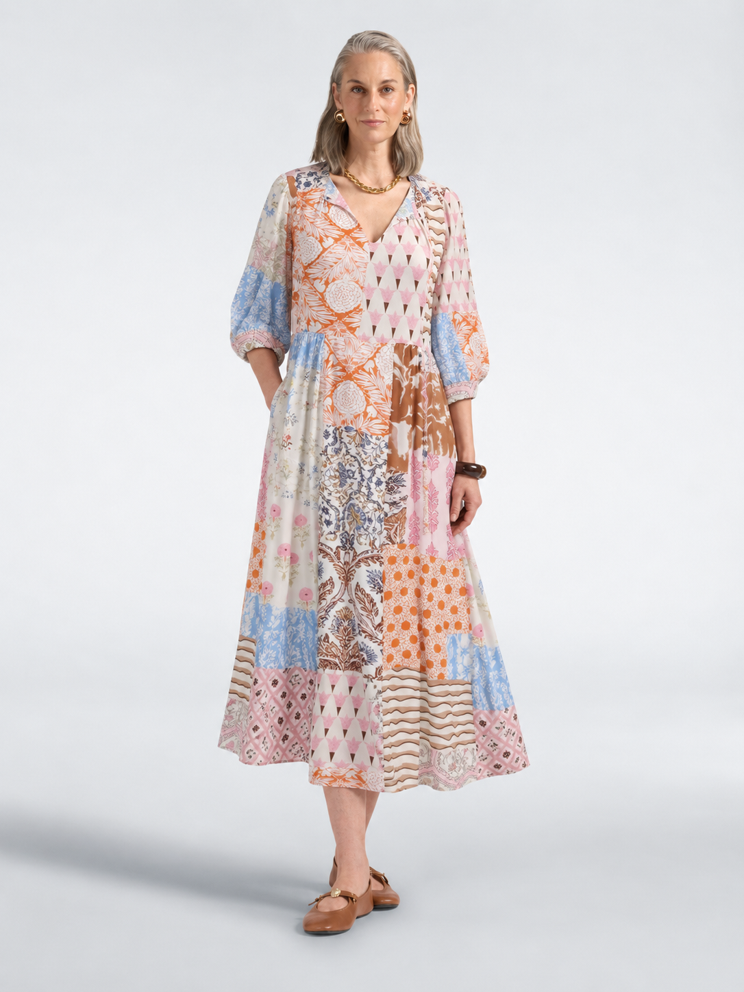 Rosalie | Robe Longue à Motifs Patchwork Femme d'Époque